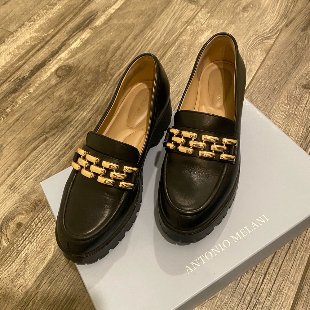 ANTONIO MELANI Black Loafers with Gold Chain Detail